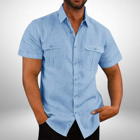Herren Leinen Kurzarmhemd mit 2 Brusttaschen – Blau